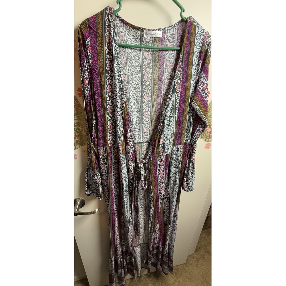 R. Vivimos Boho Long Cardigan‎ Small Floral Stripe Tie Waist